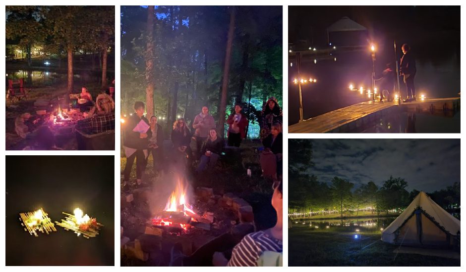 Outdoor nighttime gathering with campfire and torches.