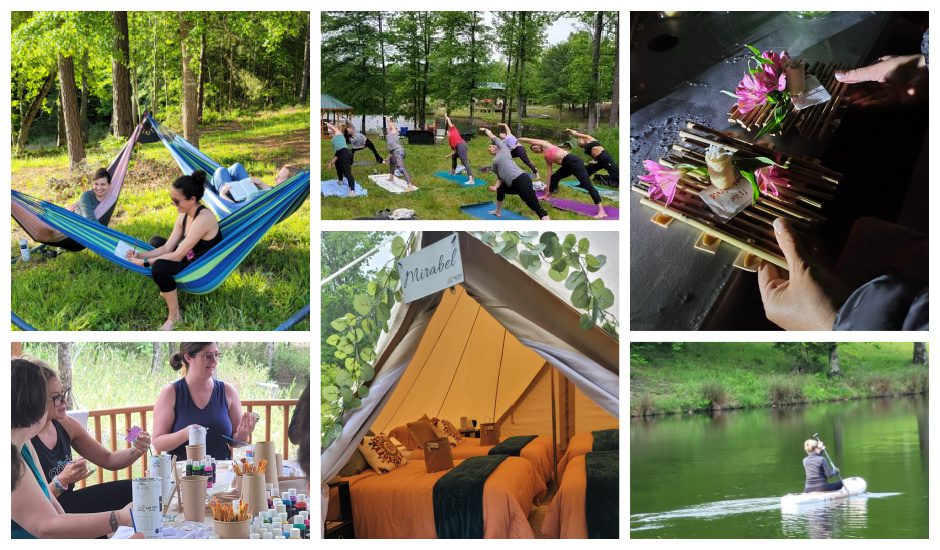 Outdoor retreat activities: yoga, hammocks, canoeing, glamping.