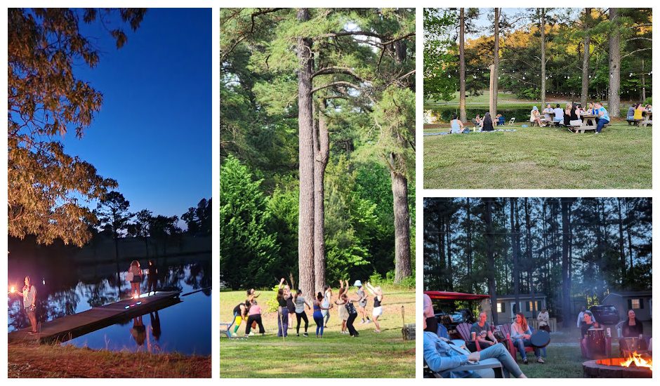 Outdoor gathering with trees, campfire, and people.