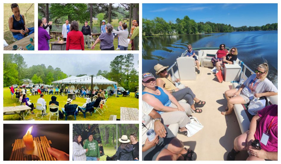 Outdoor group activities and boat ride collage.