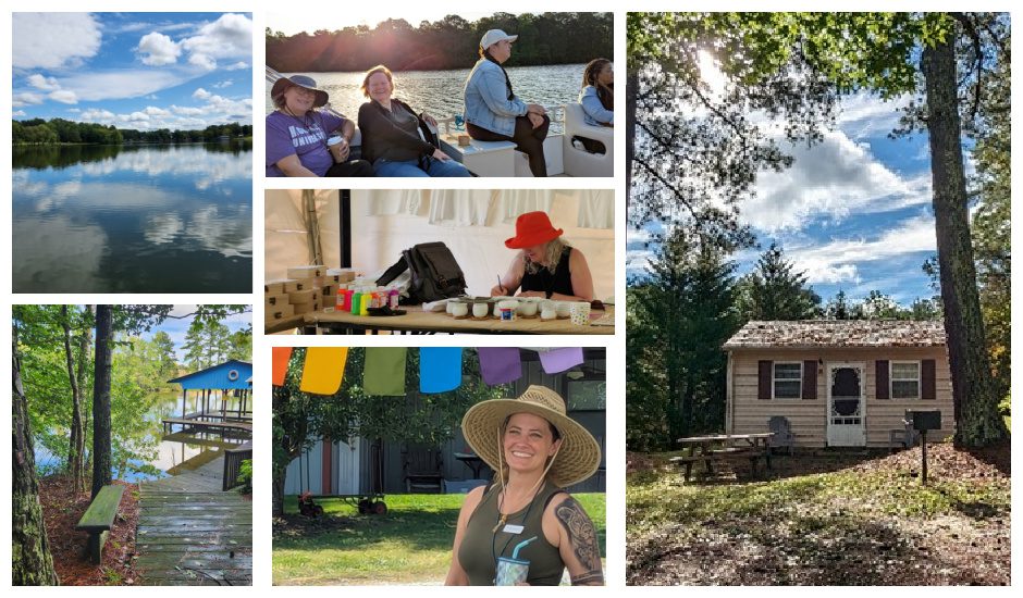 Collage of people, nature, and cabin scenes.